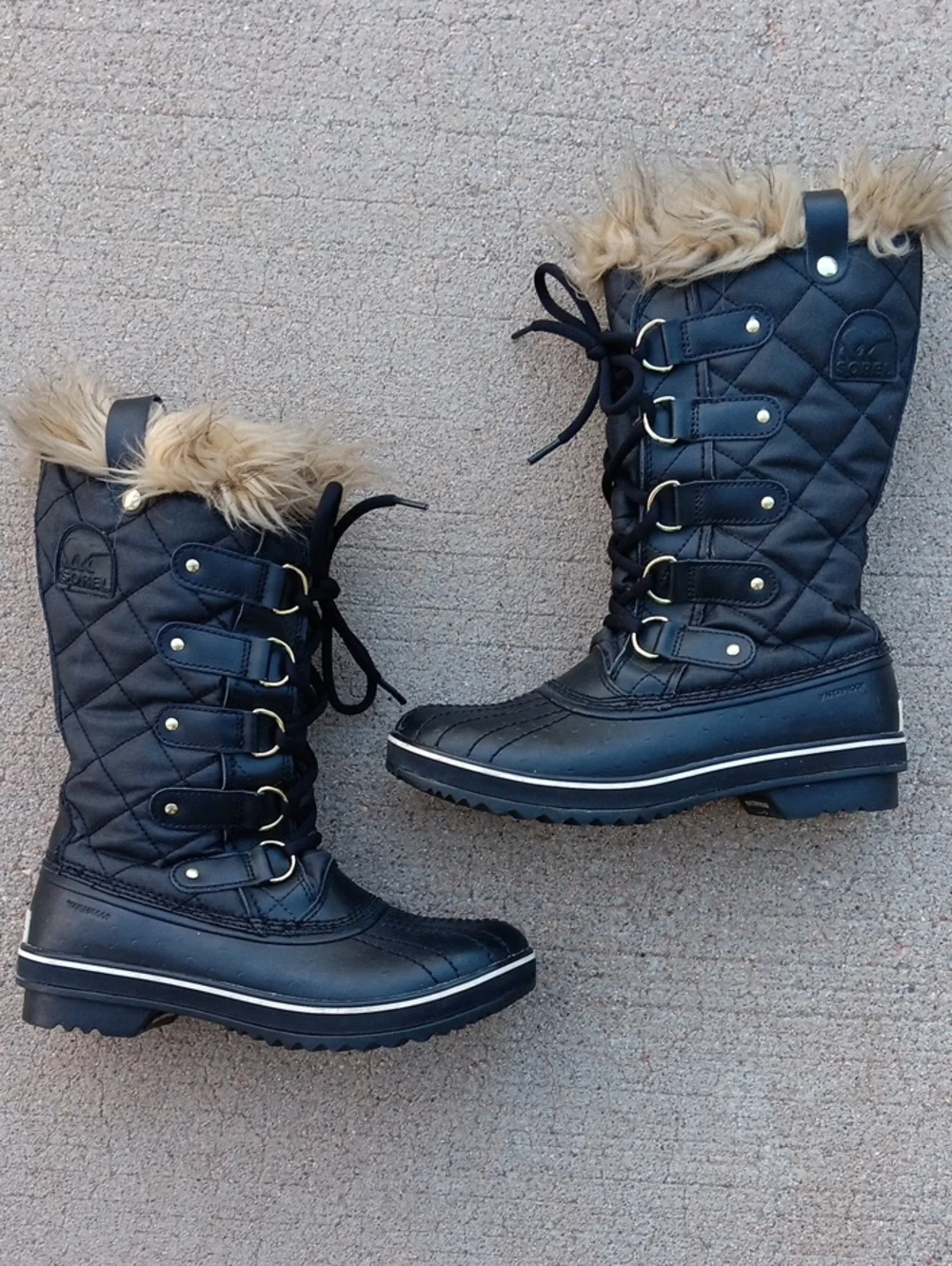 Sorel Tofino Canvas Black Winter Boots Fur Trim Womens Size 7